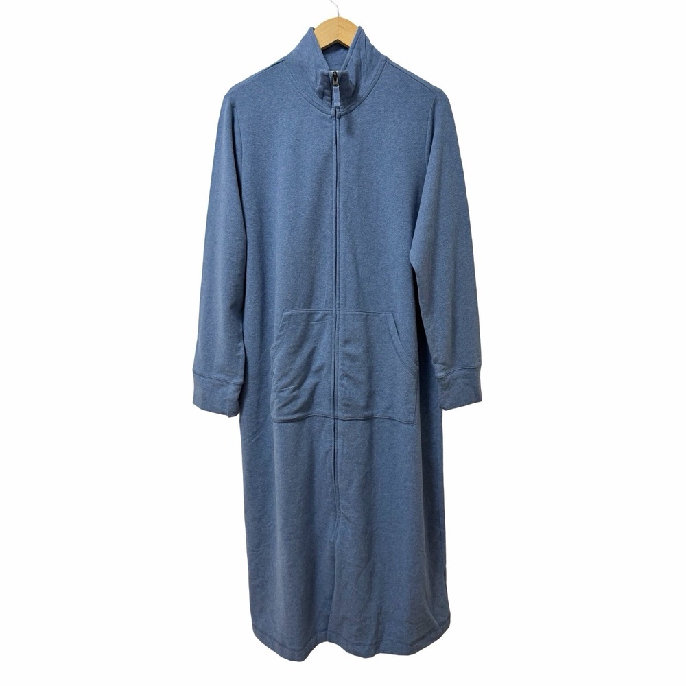 LL Bean Long Fleece Robe Housecoat Womens Size M Blue Zip Front Maxi Lounge NEW